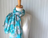 Teal Blossoms Sheer Scarf - Aqua Blue, Teal Green, Taupe Beige Chiffon Scarf - Spring and Summer Fashion