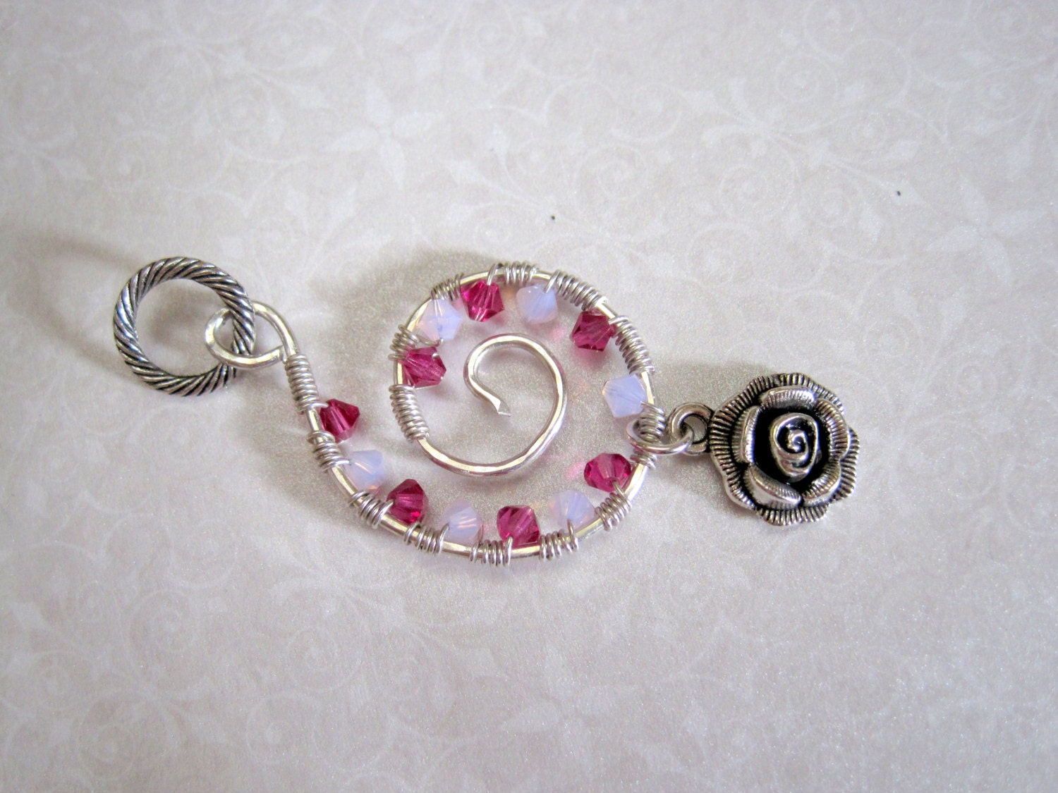 Roses Are Red - Fuchsia Pink Alabaster Swarovski Crystals Rose Handmade Hammered Swirled Sterling Silver Charmed Pendant