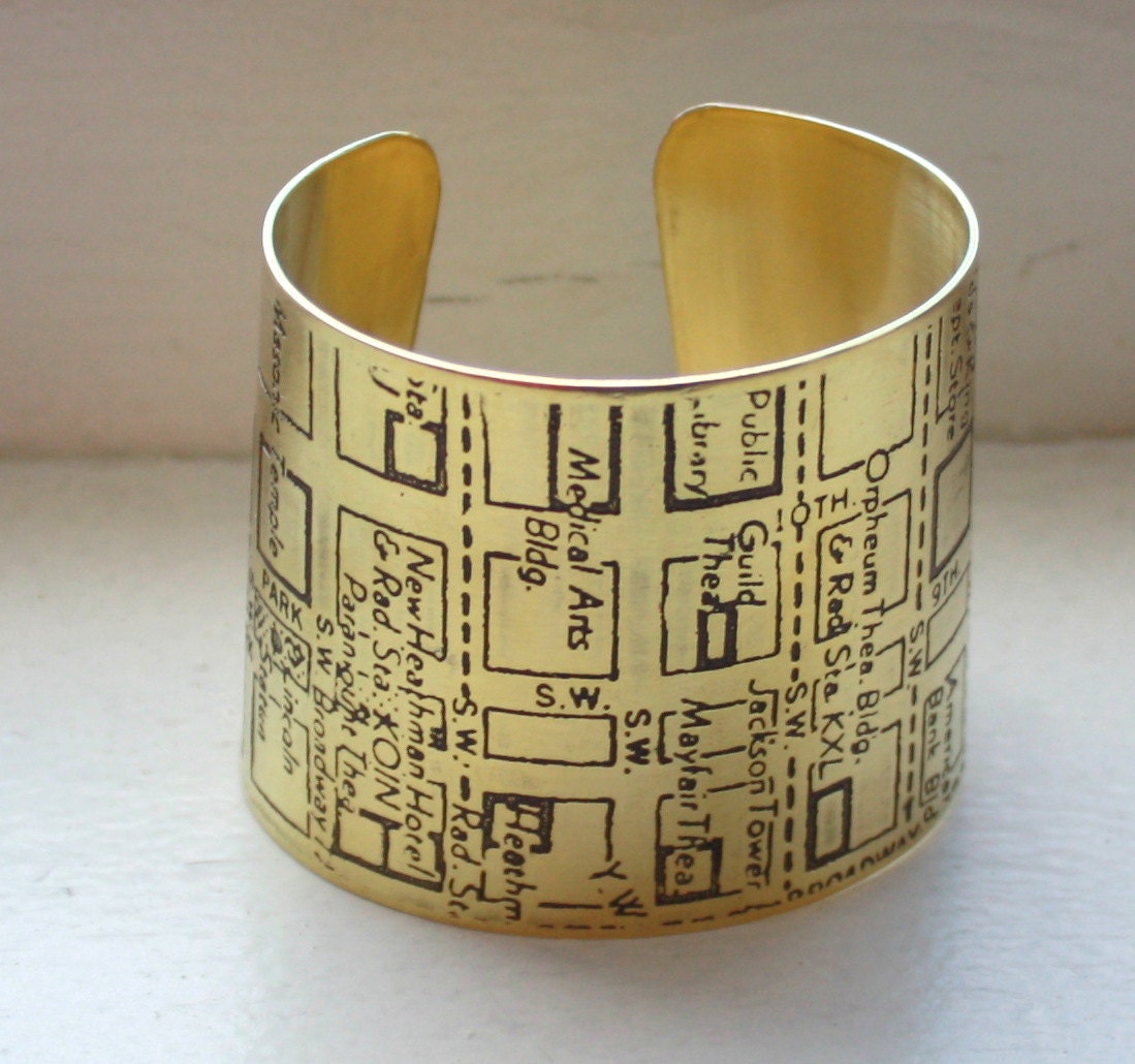 Vintage Portland Etched Map Cuff Bracelet - Brass