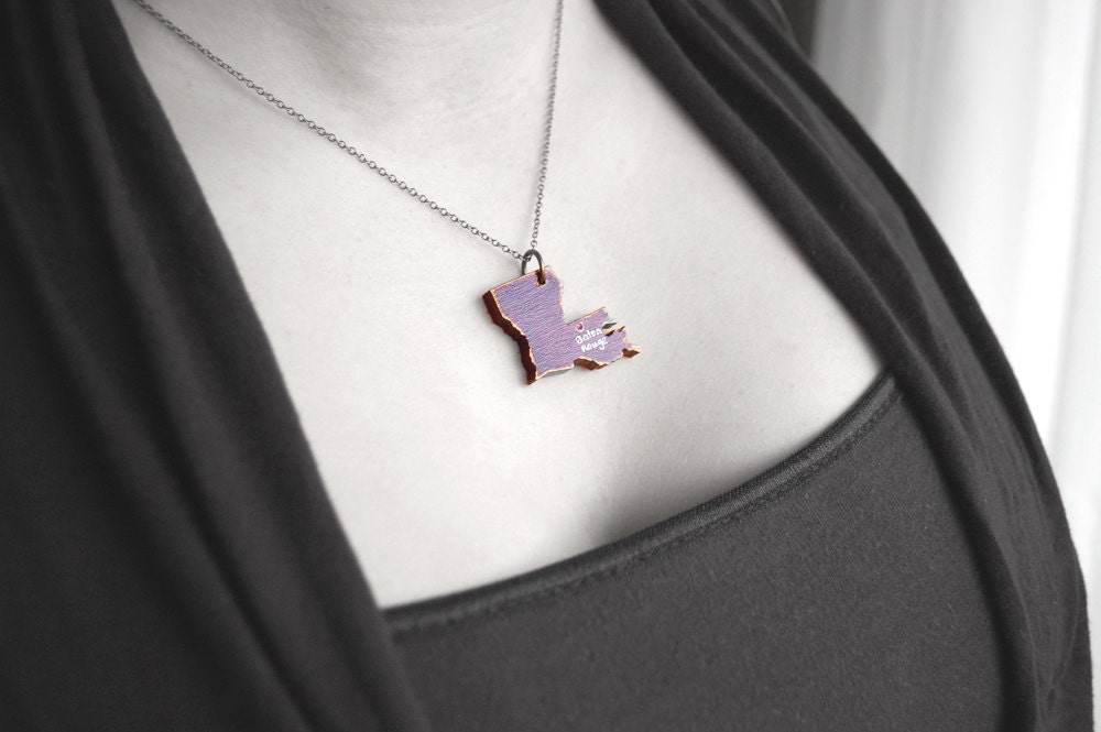 custom necklace wooden pendant Louisiana state painted antique brass Purple or you choose