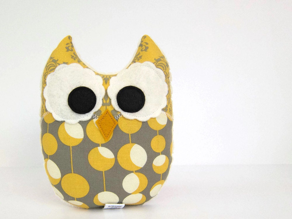 Owl Plush Mini Pillow Toy Minky Yellow Ivory Grey Nursery Decor
