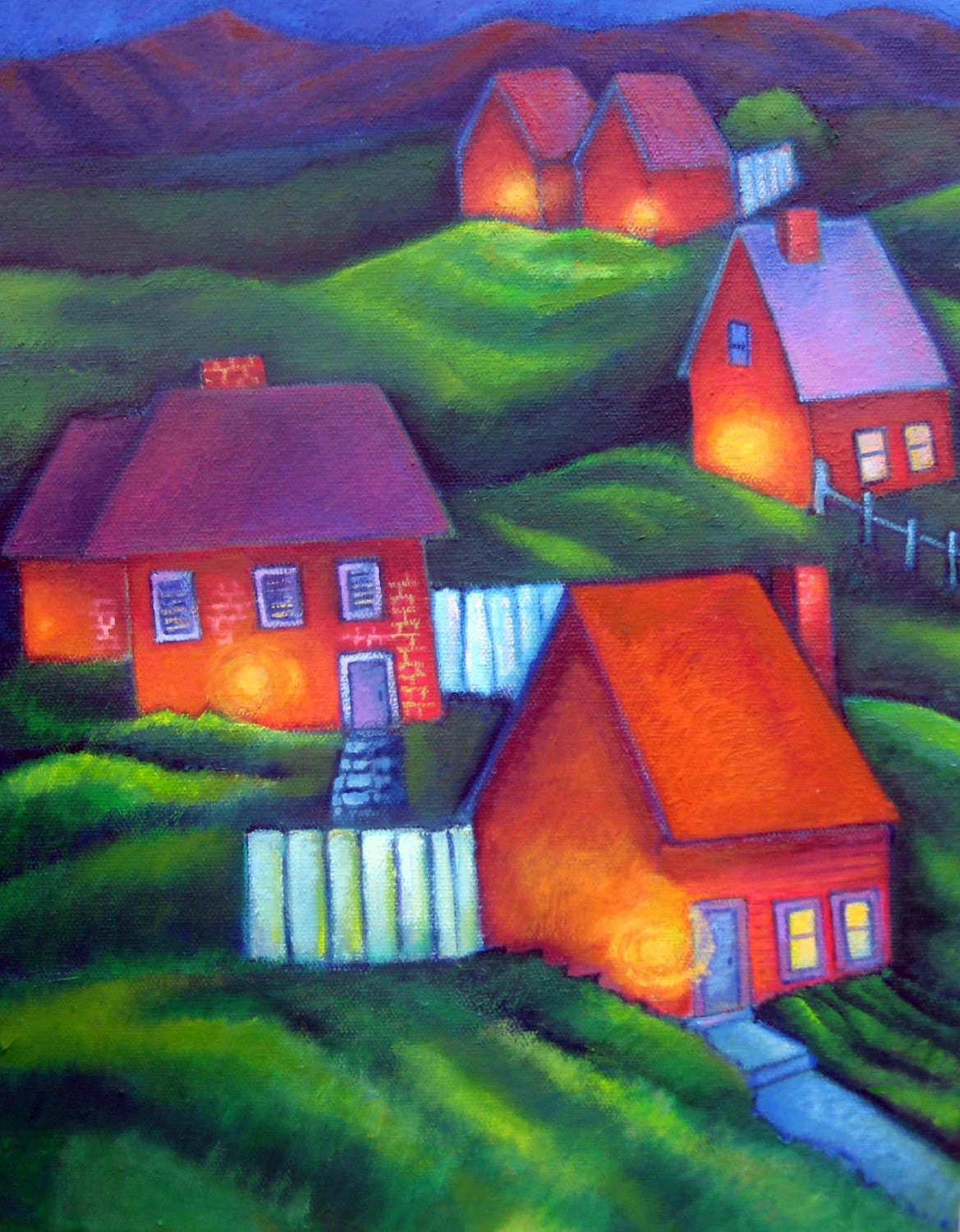 Mountain Village, colorful and original oil painting on canvas