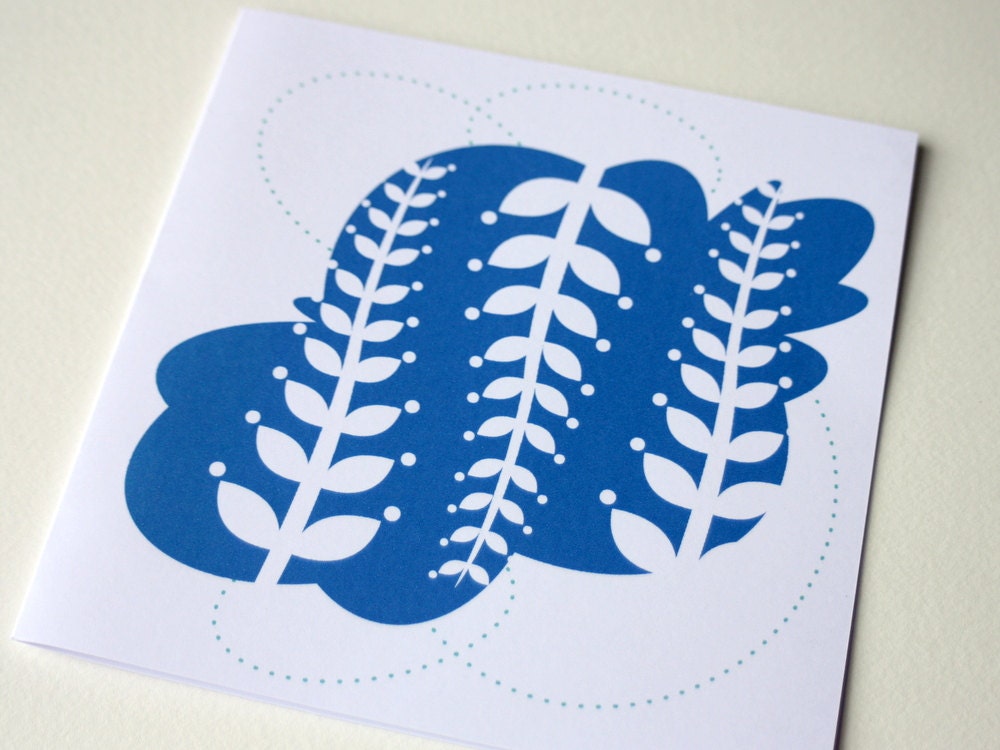 Cobalt seaweed fern fronds square blank card in blue, contemporary Irish design