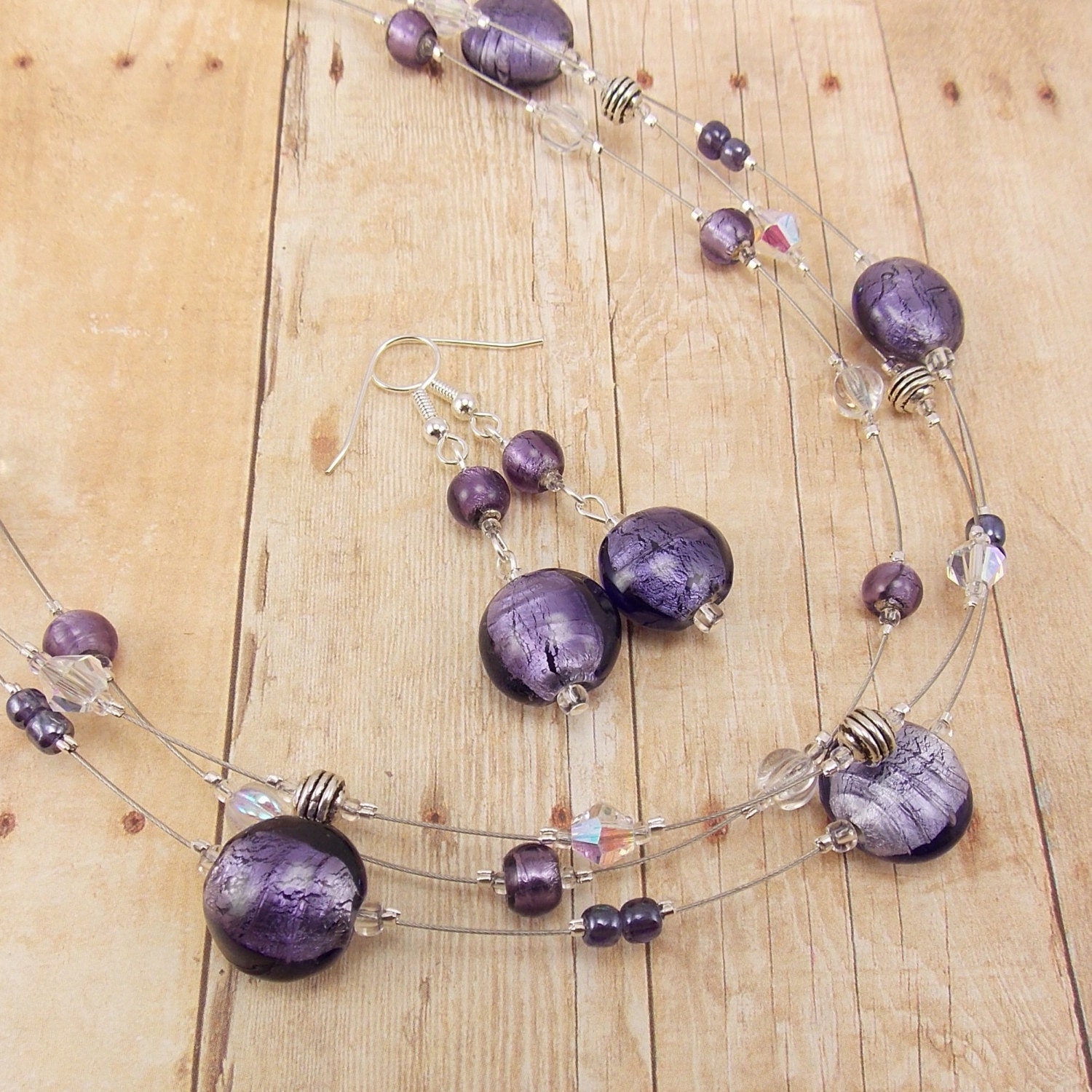 Necklace & Earring Set - Silver Lined Purple 3-Strand