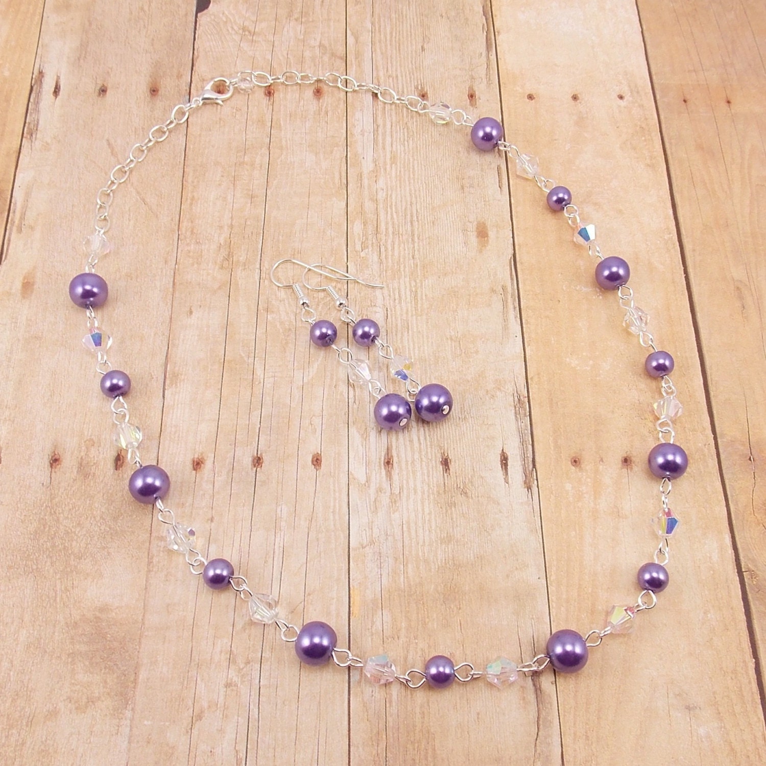 Necklace and Earring Set - Violet Purple Glass Pearls with Aurora Borealis Glass Beads - Grape - Medium Purple
