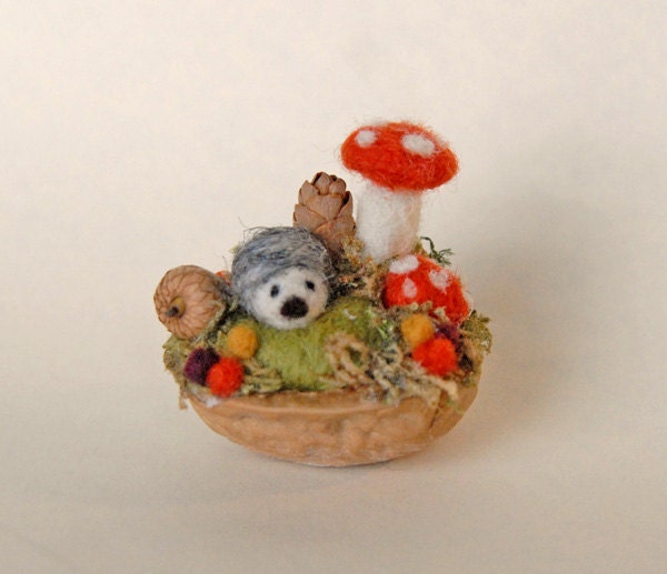 Tiny Hedgehog and Mushrooms, Needle Felted, Walnut Shell Art