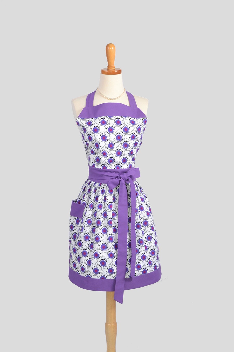 Womens Bib Apron : Modern Feminine Swing Roling Flowers Wine with Peeps Jewels Purple