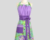 Cute Kitsch Retro Apron / Purple Gingham Check with Amy Butler Love in Greens and Lavender Check in a Retro Womens Full Chef Apron