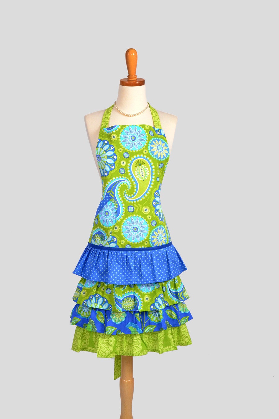 Ruffled Retro Apron - Michael Miller Gypsy Bandanna in Lime Green and Blue Paisley Cute Handmade Chef Apron