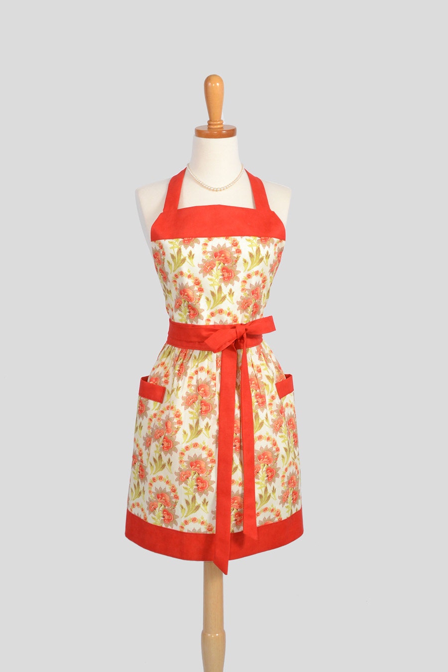 Womens Bib Full Apron - Handmade Retro Womens Apron in Coral and Ivory Floral Full Kitchen Apron
