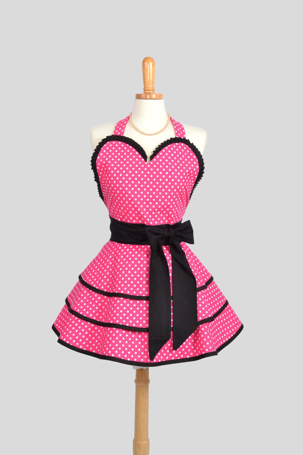 Sexy Retro Pinup Apron : Handmade Cute and Sexy Ruffled Pink with Small White Dots and Black Kona Trimmed