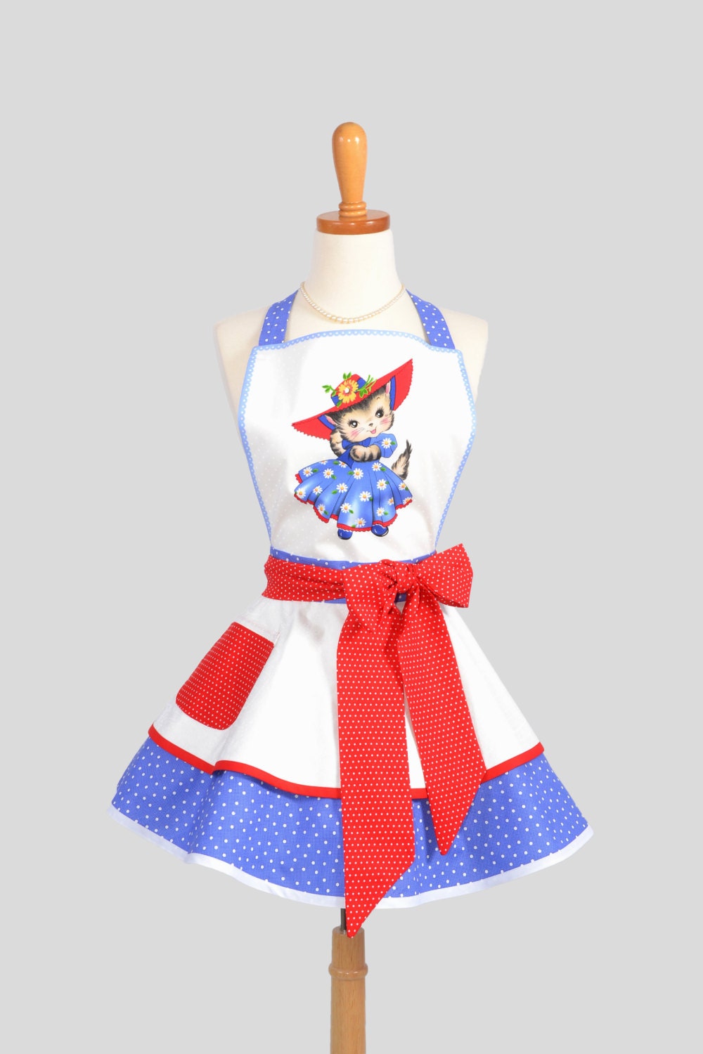 Ruffled Retro Apron / Cute Handmade Full Womens Apron in Holly Holderman Pam Kitty from Lakehouse Fabrics
