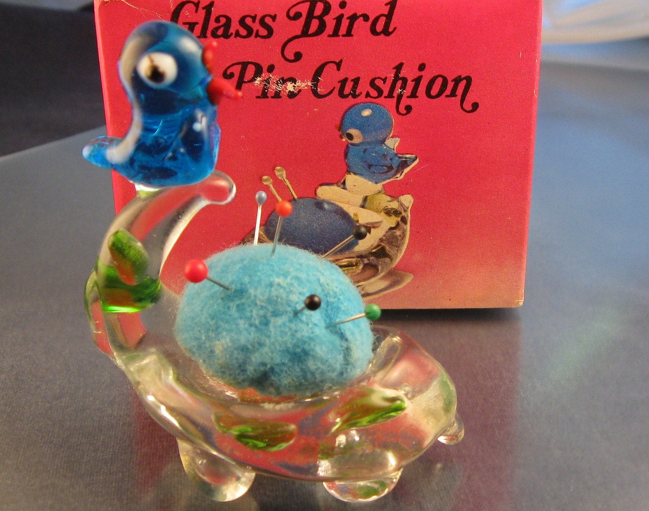 Vintage Glass Bird Pin Cushion in Box