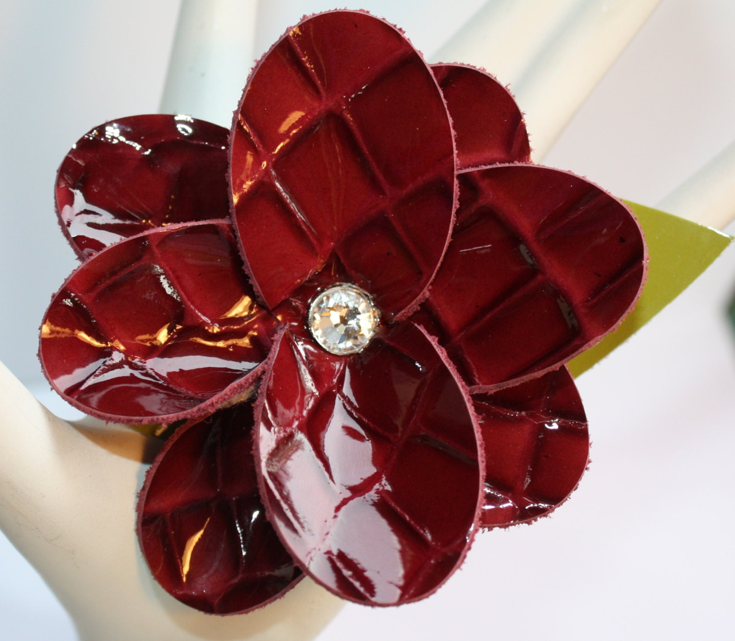 Blood Red Croc Embossed Patent Leather Flower Hair Clip