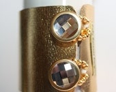 Large Swarovski Checker Board Crystal Button Gold Leather Cuff
