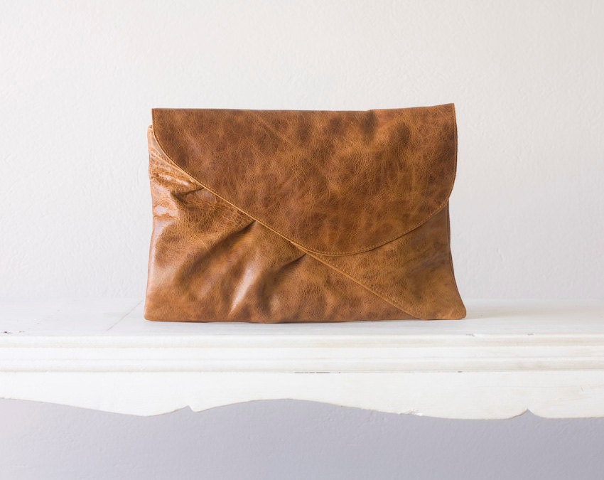 Oversized leather clutch , leather envelope  in distressed Brown