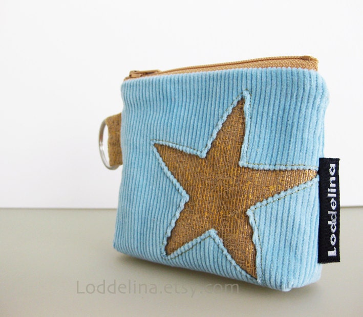 STAR coin purse aqua blue corduroy with golden mustard star applique