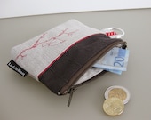 COIN PURSE chocolate brown taupe natural linen with embroidered bird on branch and brown zipper
