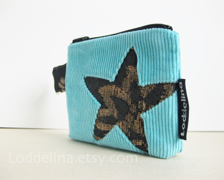 STAR coin purse in robin's egg blue corduroy with black and rust floral star applique