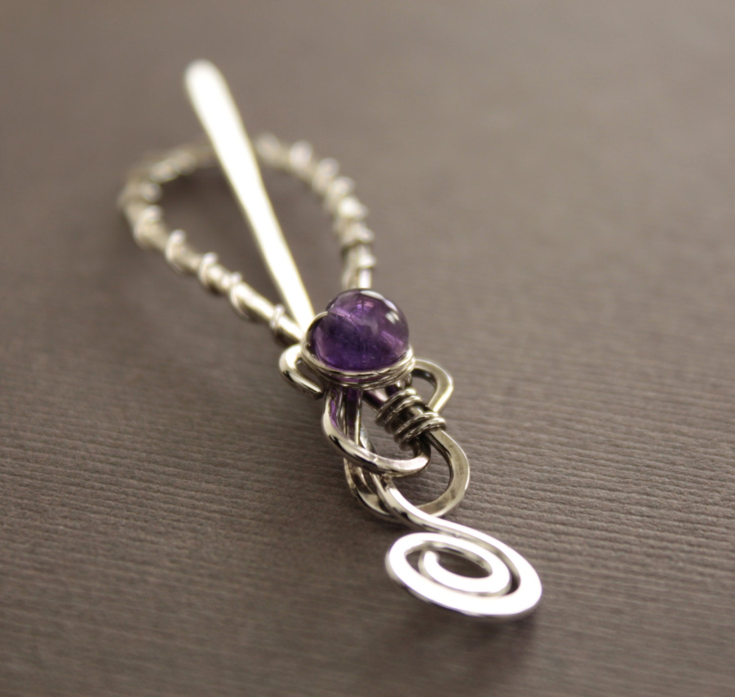 Artsy infinity shawl pin or scarf pin in sterling silver with round amethyst stone