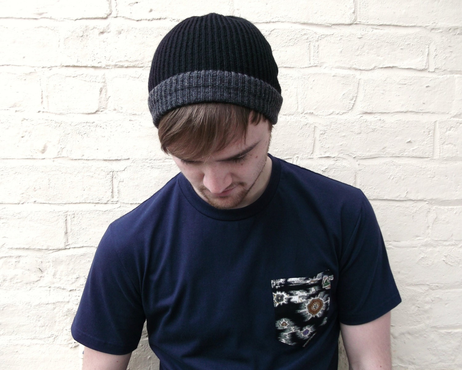 Mens beanie hat, two tone knitted menswear, custom made in any colour.