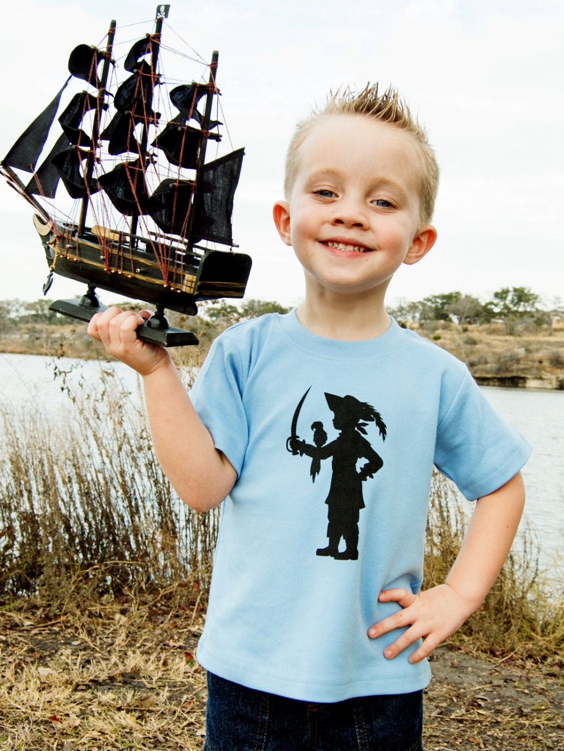 Buccaneer Boy Short Sleeved Nostalgic Graphic Tee in Sky with Black FREE SHIPPING