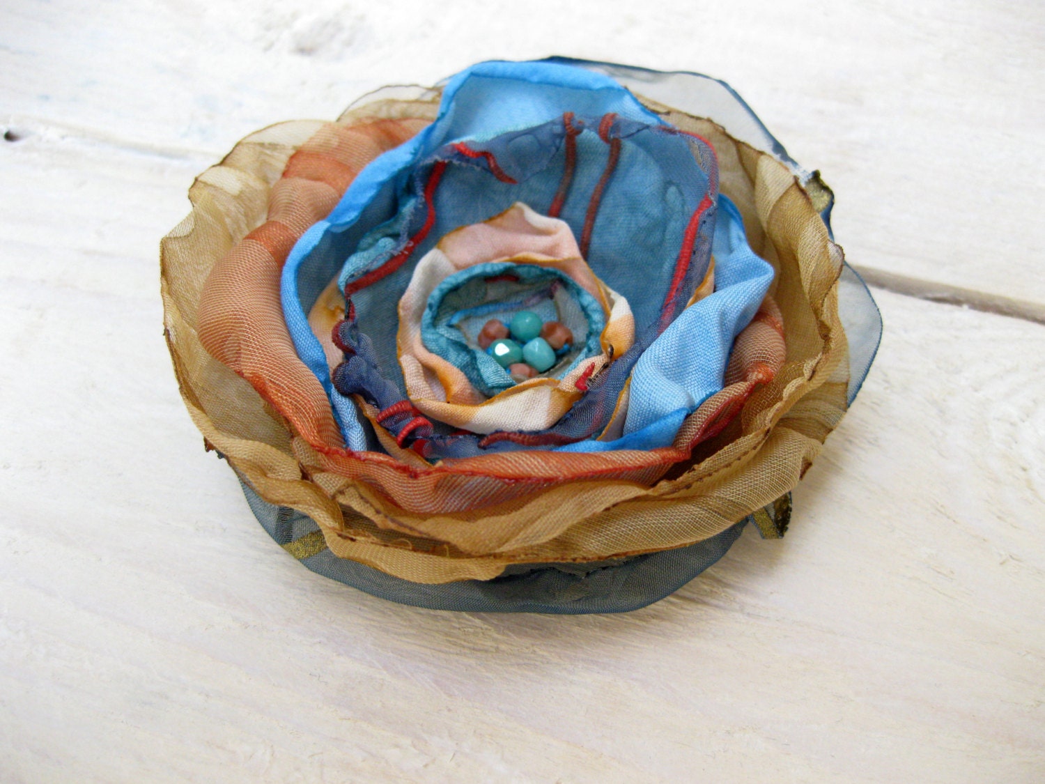 Mocha and Turquoise Playful Flower Brooch --- Spring Fashion --- TAGT Team