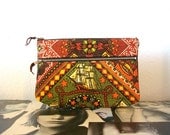 Olive and Pumpkin Vintage Print Double Zipper Clutch