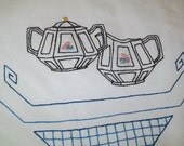 Vintage embroidered linen tablecloth, crocheted edge, white, blue, table cloth, 1960s, 1970s, teapot design, kitchen