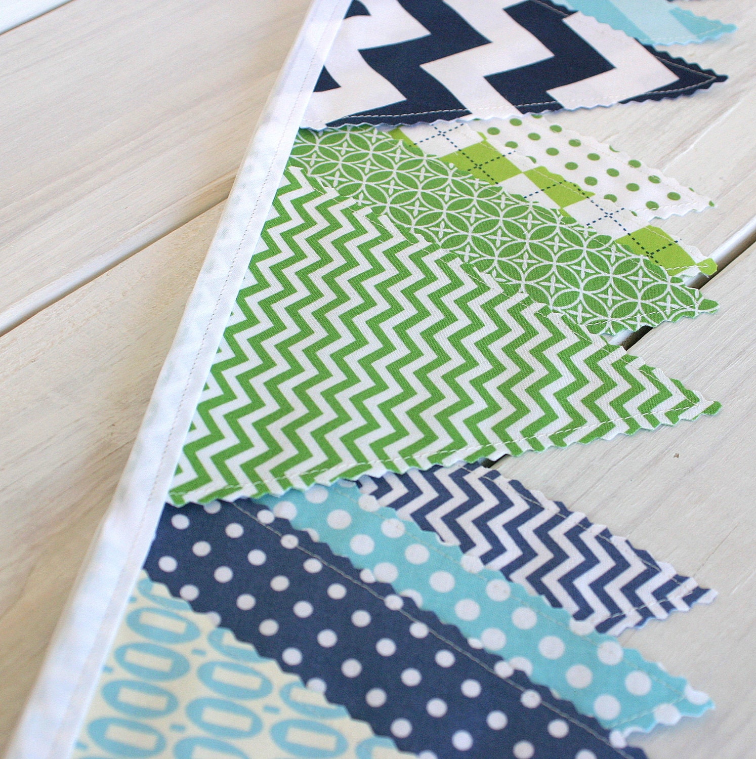 Bunting Banner Fabric Flags  - Navy Blue, Green and Aqua Blue Chevron - Ready to Ship