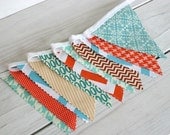 Bunting Fabric Banner Fabric Flags  - Teal, Aqua Blue and Orange Chevron - Ready to Ship