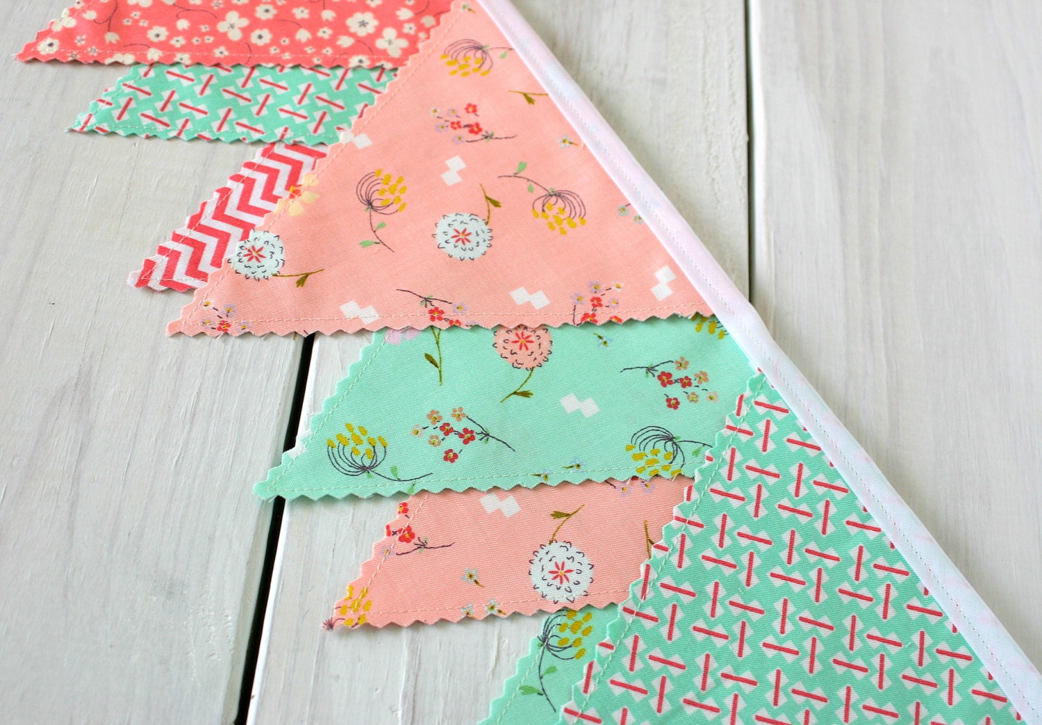 Bunting Fabric Banner Fabric Flags  - Mint Green, Peach and Coral Pink Chevron and Flowers - Ready to Ship