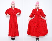 70s Dress - Red Abstract Maxi Dress - 1970s Wide Corset Waist Cummerbund Full Circle Dress with Dolman Sleeves - M 8 10 12