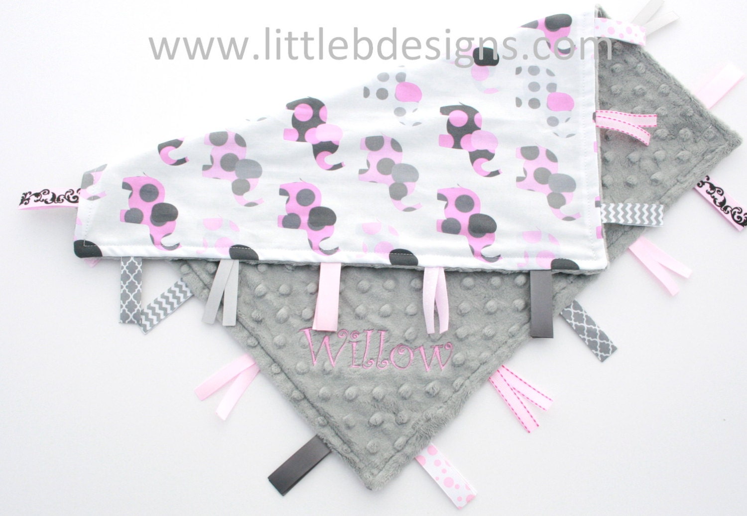Personalized Elephant Tag Baby Blanket Ribbon Lovey - Girl Blanket Pink and Gray - Grey Nursery