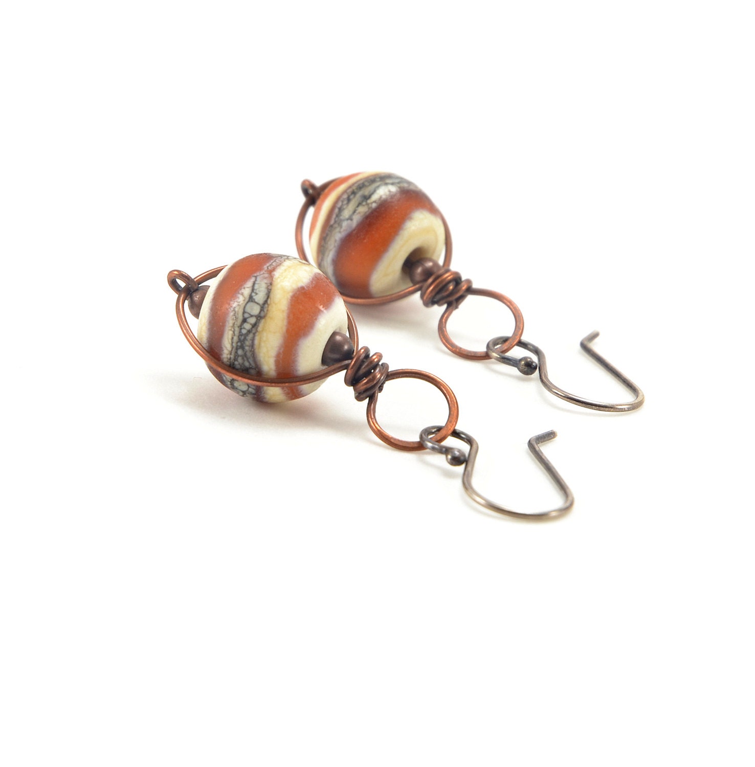 Lampwork Dangle Earrings - Infinity Jewelry, Mixed Metal Jewelry, Silver and Copper, Wirewrapped Earrings, Tangerine Tango, Orange, Handmade