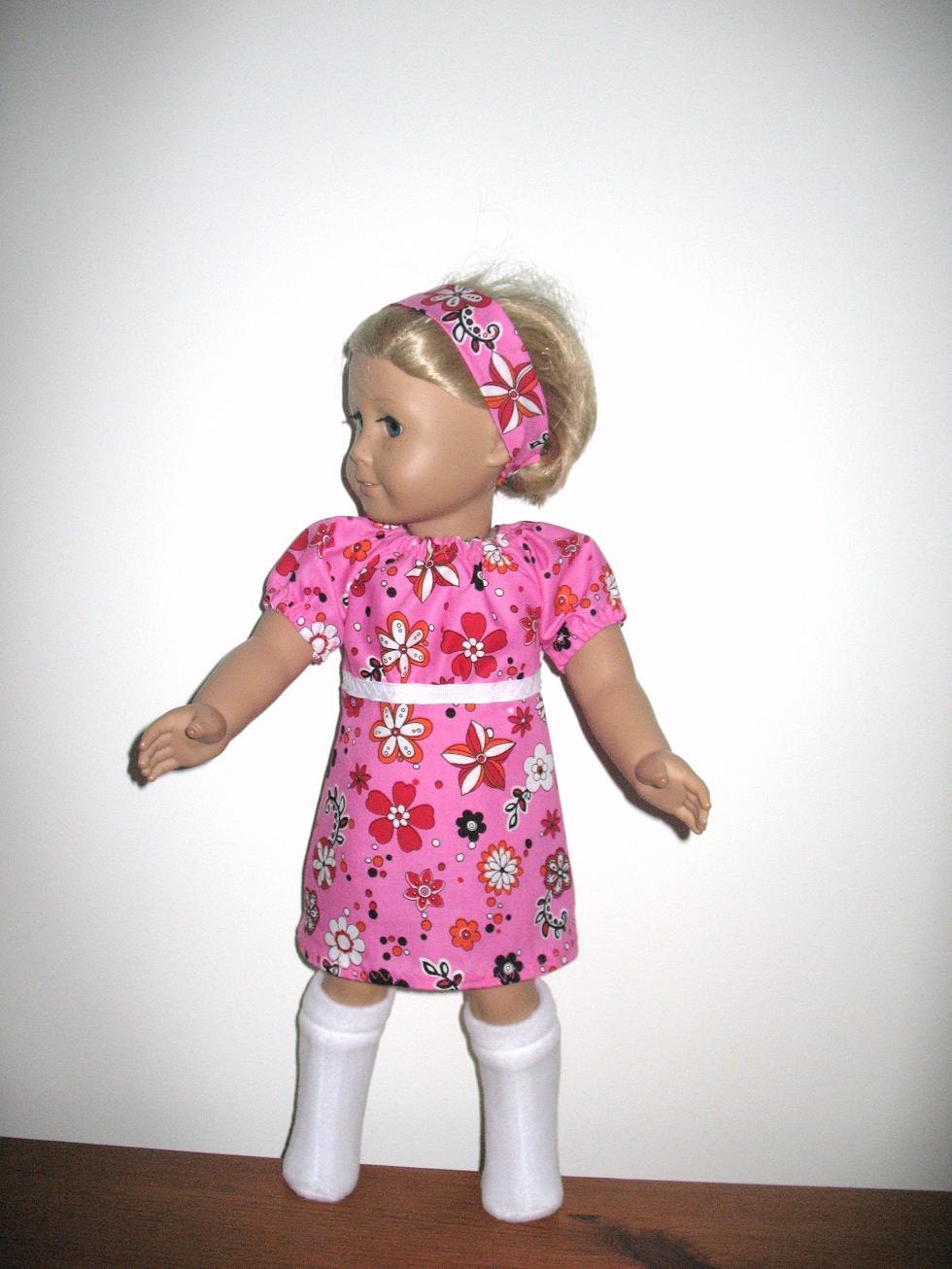 Doll Clothes for American Girl Dolls or Most Other 18 Inch Dolls,  Hot Pink 70s Flower Go Go Style Peasant Dress and Knee High Boots