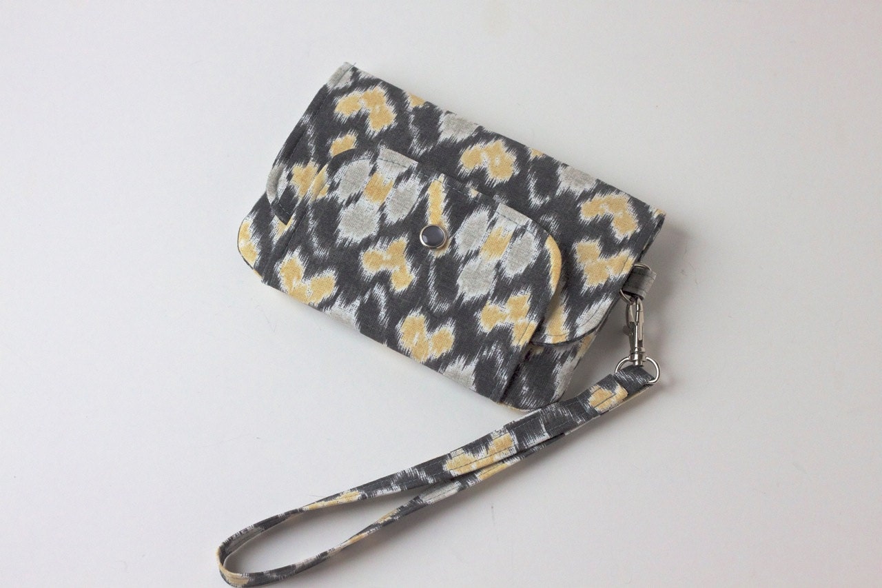 iPhone Wristlet, iPhone wallet in Grey and Yellow Ikat  - ready to ship