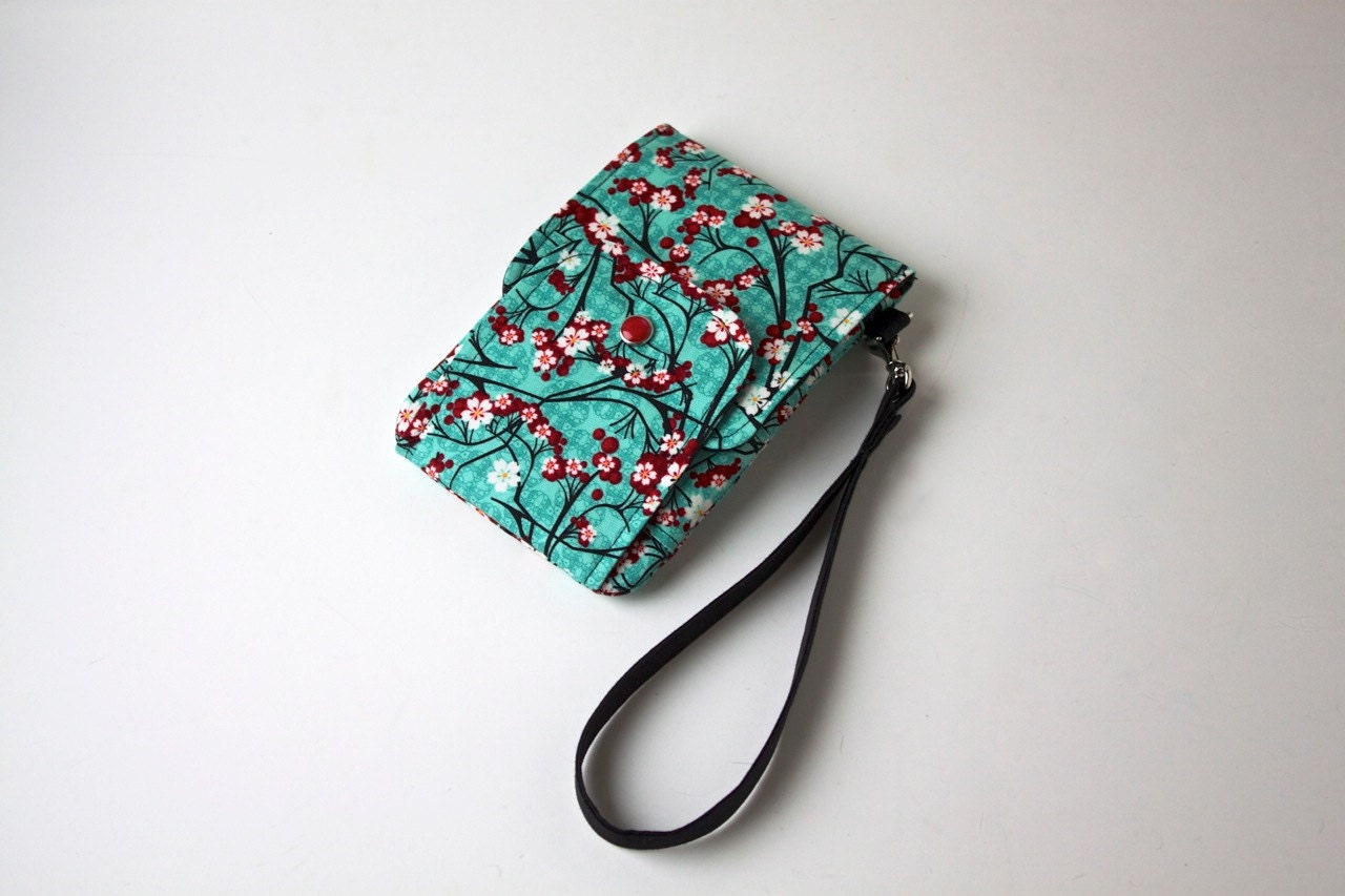 Smart Phone Wristlet, Smart Phone wallet in Red Cherry Blossoms on Aqua - made to order