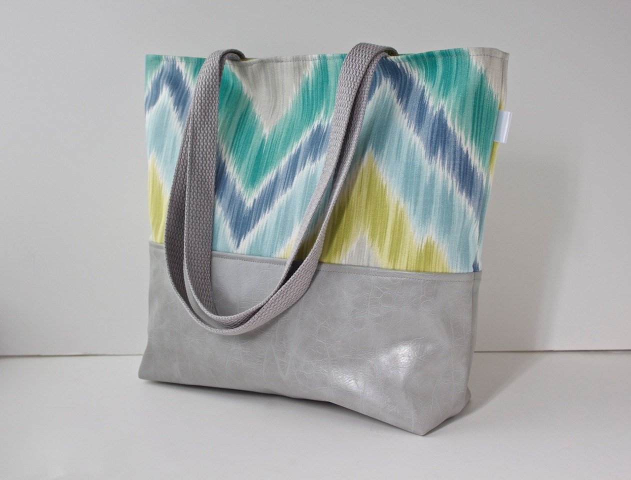 Tote Bag/Shoulder Bag in Blue, Green, Teal Ikat Chevron with Grey Faux Leather - ready to ship