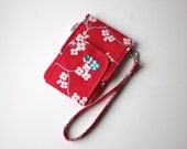 Smart Phone Wristlet, Smart Phone wallet in Cherry Blossom branches in Red - made to order
