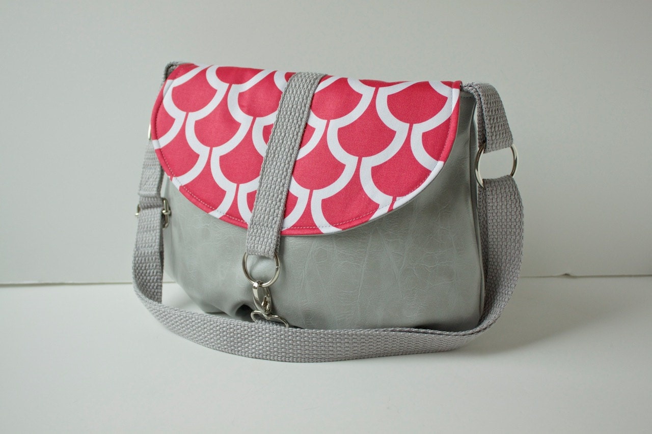 Small Messenger Bag in Coral  with Grey Faux Leather - ready to ship