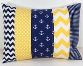 Nursery Pillow Cover - Yellow Navy Blue Chevron Anchors - Boy Nursery Decor - Nautical - 12 x 16 Inches