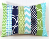 Pillow Cover - 12 x 16 Inches - Aqua Blue, Navy and Green Chevron