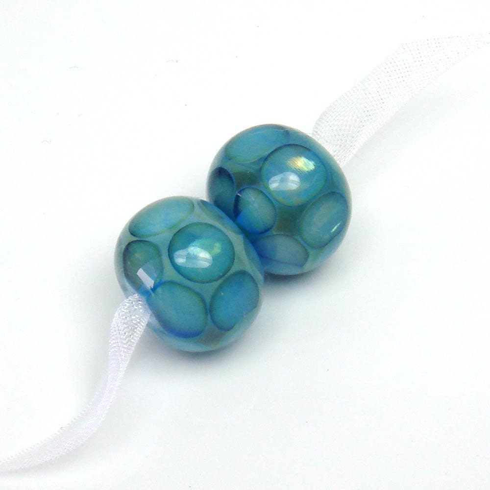 Lampwork beads  -  Shimmering Blue Honeycomb  -  aqua, lustre, dots, shiny glass beads, lampwork earring pair