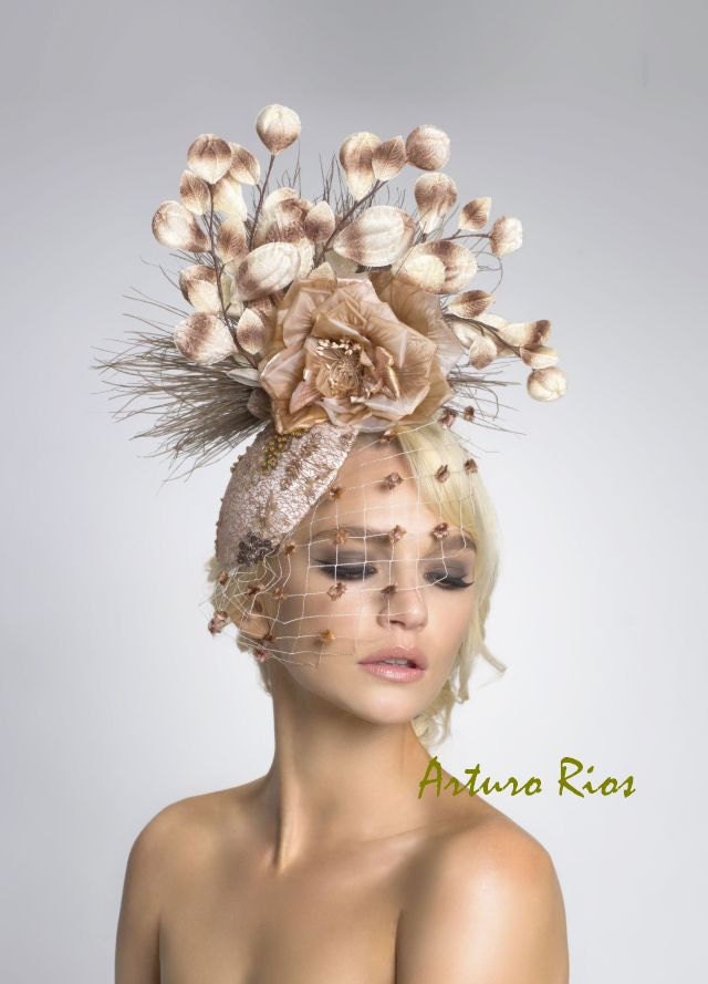 Beige brown Fascinator, Cocktail hat, kentucky derby hat,headpiece