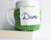 Personalized Coffee Mug Cozy Tea Cosy green black white crochet cover monogram name mothers day