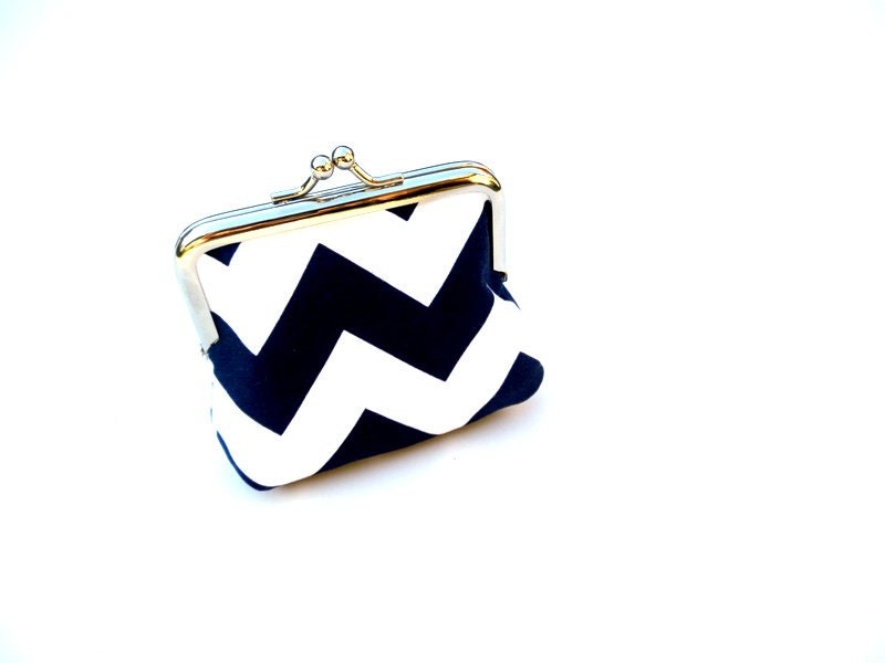 Navy blue chevron coin purse Medium sized Dark blue and white zig zag