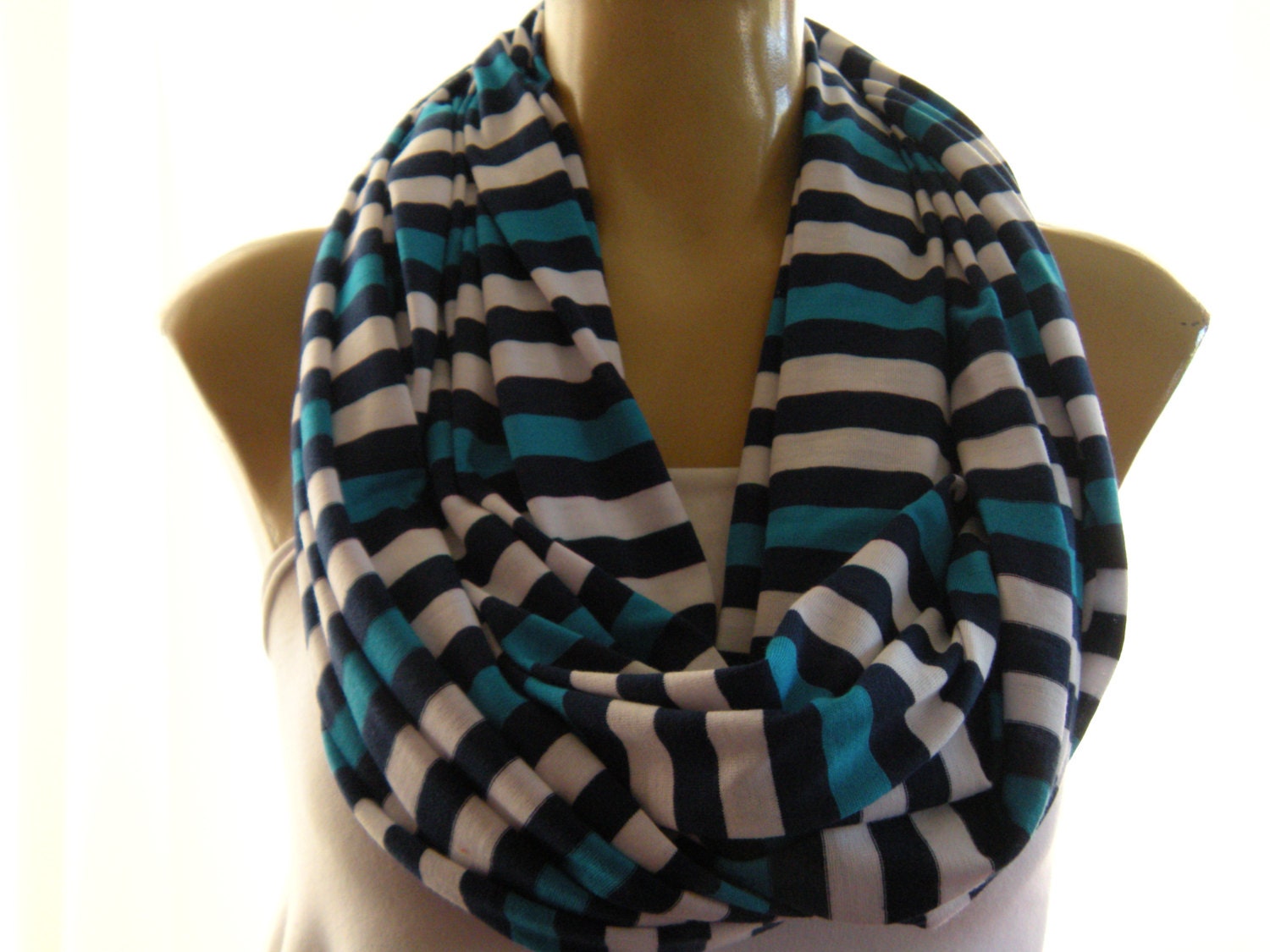 Nautical fashion...Casual stripes...Navy,White and sea blue... Nomad Cowl.....Cotton Jersey..Infinity Scarf..Relaxed version