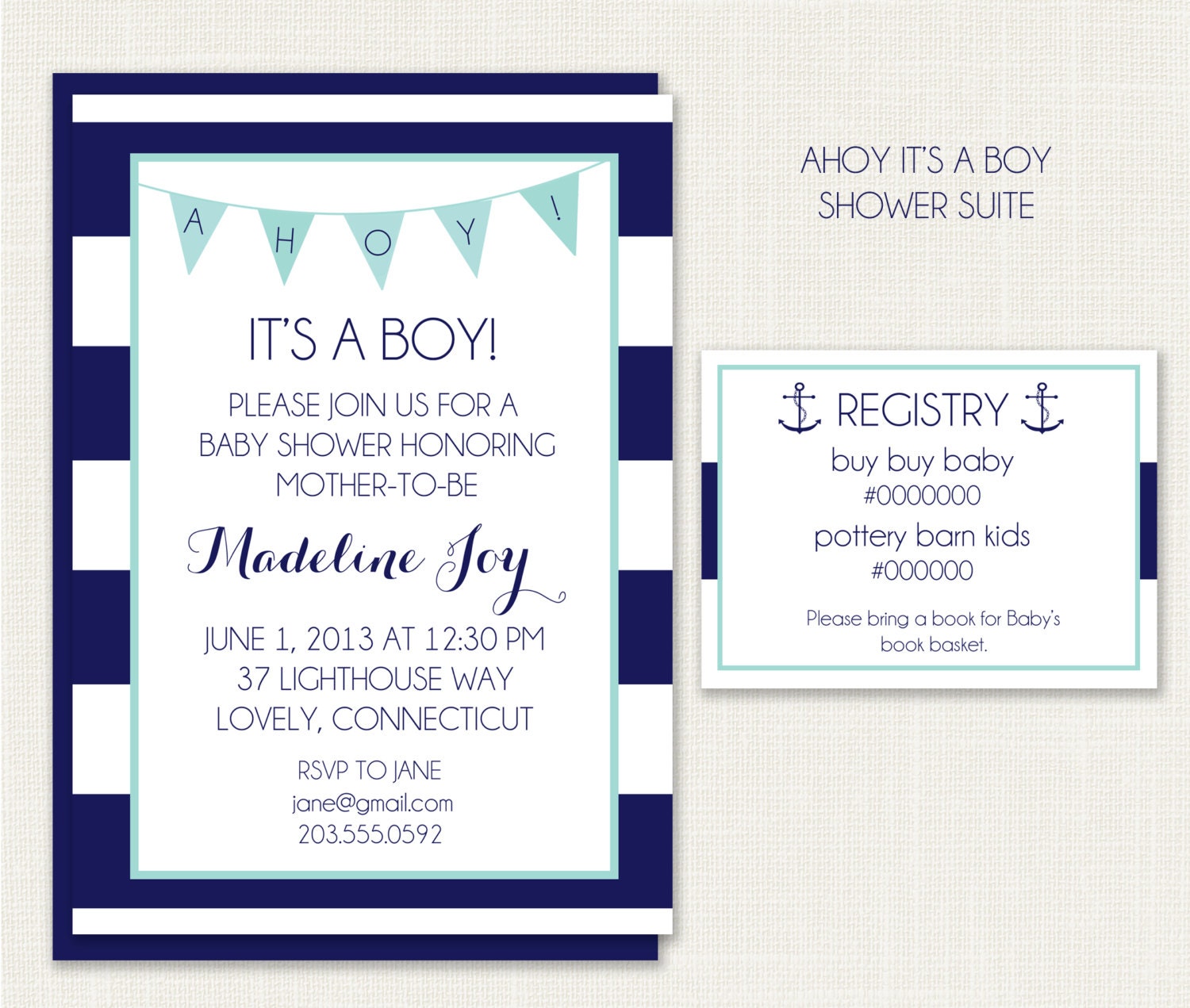 Printable Ahoy t's a Boy Nautical Shower Invitation Suite