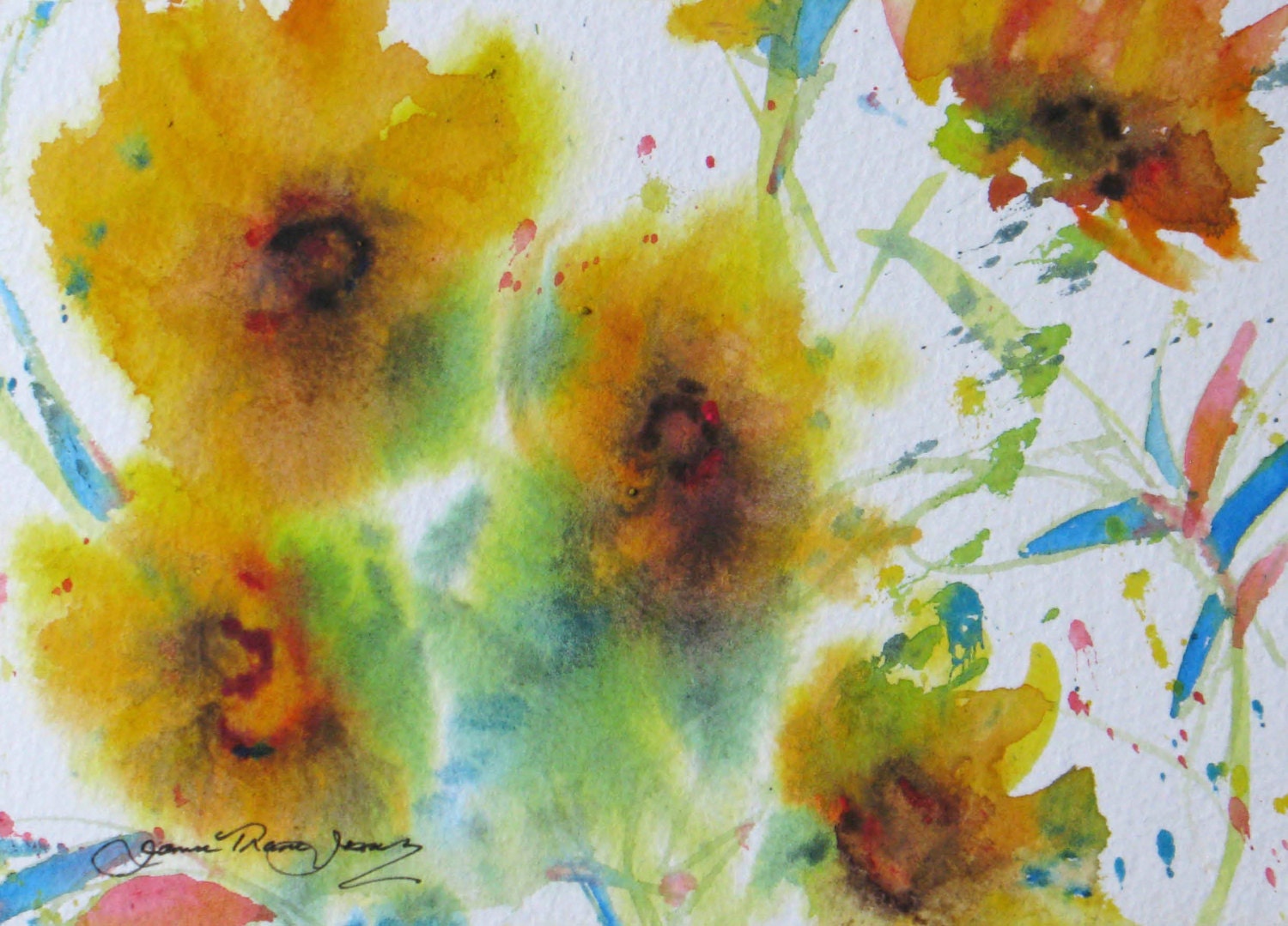 abstract sunflower original watercolor painting floral garden landscape contemporary 5 x 7